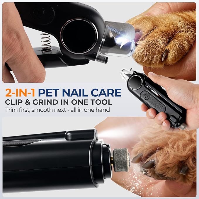 Professional 2-in-1 Dog Nail Clippers and Grinder with LED Light,Heavy Duty HRC-48 Deep-U Blade for Thick Nails, Ultra Quiet Rechargeable Pet Nail Trimmer for Large Dogs & Cats, Black | 2-in-1 dog nail clipper grinder with LED light to see quick. Featu...