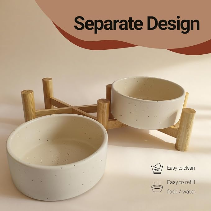Elevated Dog Bowl & Cat Dish 27oz – Raised Ceramic Pet Food and Water Bowls with Bamboo Stand, Feeding Station for Small & Medium Pets, Prevents Neck Strain – Durable, Premium Quality by Homish