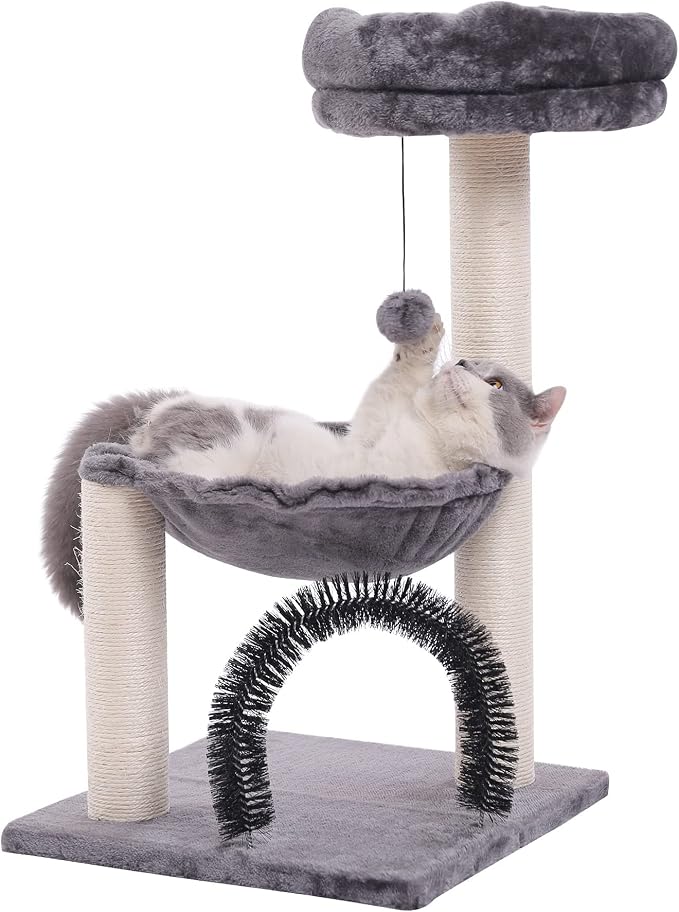 Cat Tree Tower for Indoor Cats, 27.8 Inches Multi-Level Cat Tree with Scratching Posts Plush Basket & Perch for Play Rest, Cat Activity Tree with Dangling Ball for Kittens/Small Cats