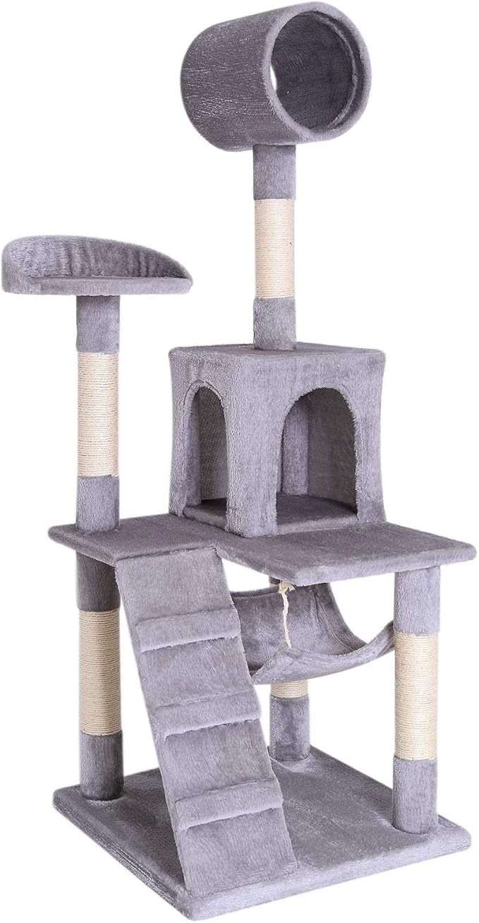 lionto Scratching Tree for Cats with Hammock & Tunnel, Height 52,4 in, cat Tree with sisal Rope & Soft Plush, Cozy Lying Areas & Caves, Suitable for Small & Large Cats, Light Gray