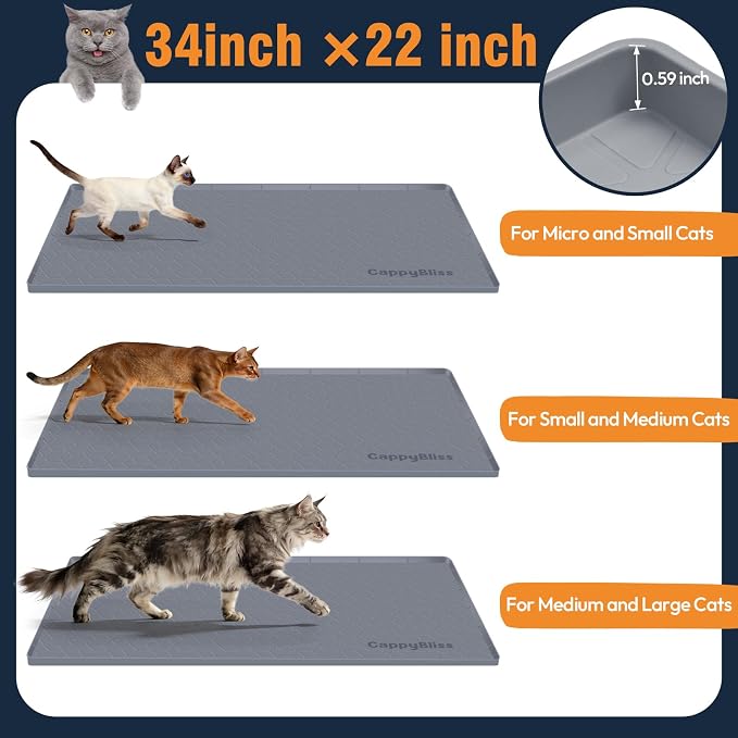 Cat Litter Mat, 34"x22" Waterproof Silicone, Litter Trapping | Large Size, Non-Slip Floor Pad, Easy to Clean, Indoor Cats, for Litter Box, Traps Litter & Dirt, Blue