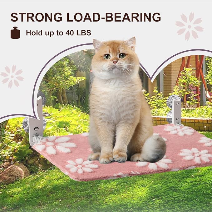 Cute Cat Window Perch, Foldable Cat Window Hammock, Pink | Cordless Window Seat Bed for Indoor Cats, 3D Textured Flower Cover, Strong Suction Cups