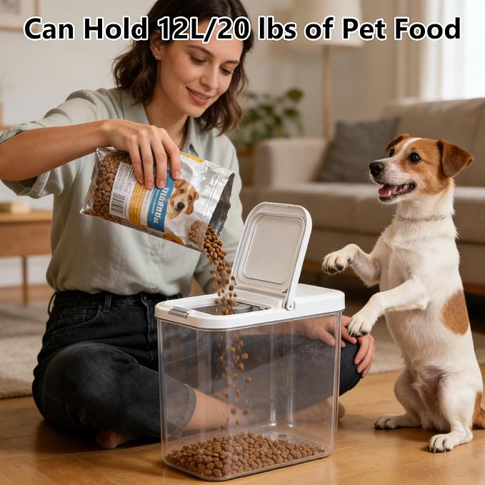 Pet Food Storage Container with Lid & Scooper 10-15lbs/12L Dog Food Storage Container Clear Airtight Cat Food Storage Container BPA Free Dog Treat Container Store Dry Food for Pantry Kitchen