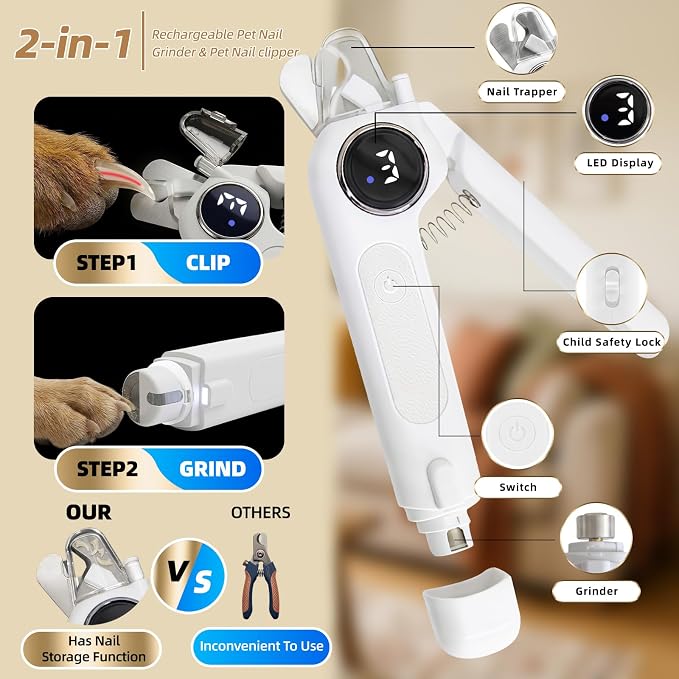 2-in-1 Quiet Electric Pet Nail Clipper & Grinder with Light for Dogs Cats | 3-Speed Grinding, Nail Catcher, Safety Guard, Low-Noise Motor, USB Rechargeable Design for Stress-Free Home Grooming