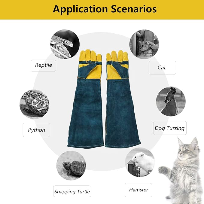 Animal Handling Gloves Bite Proof, 60cm/ 23.6In Scratch Resistant Leather Gloves for Grabbing/Grooming/Handling Dog Cat Bird Snake Parrot Lizard Reptile - Reinforced Palm Protection Gloves