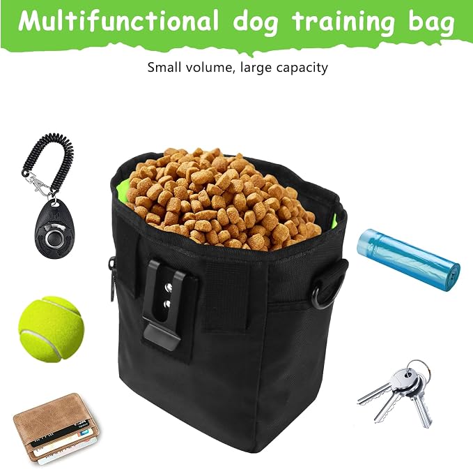 Dog Treat Pouch, Magnetic Closure, Dog Clicker- Black | Dog Training Treat Pouch, Large Size, Nylon Material, Magnetic Closure & Clicker, for Walking, Obedience & Outdoor Use