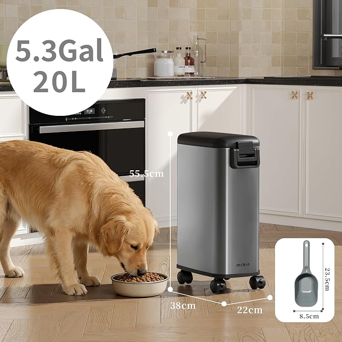 MRBIN Pet Food Bin 20 LB / 15 LB, Dog Food Storage Bin 20L with Scoop Airtight Pet Food Container Stainless Steel Large Containers with Wheels, Eclipse Grey