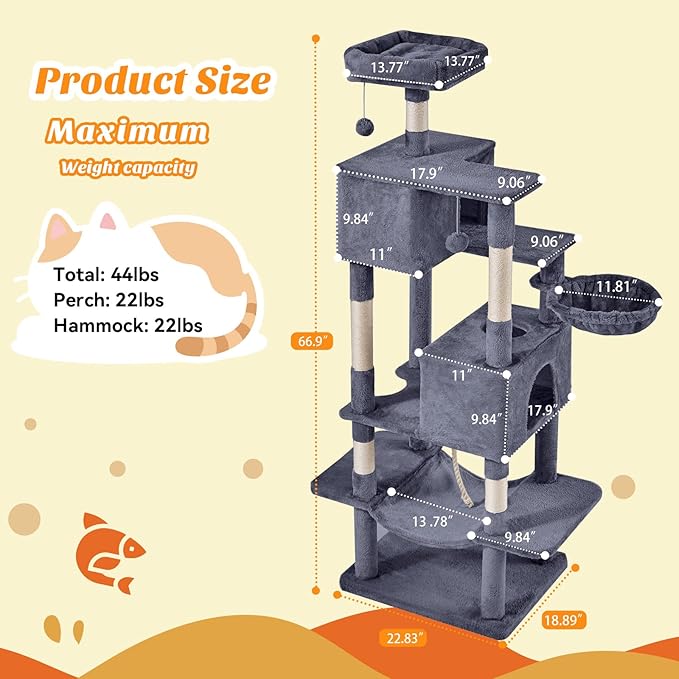 DUMOS Large 66 Inch Cat Tree Tower with Scratching Posts, Indoor Use | Tall Multi Level Cat Climbing Tower with Hammock, Pet Condo for Cats and Kittens Play, Dark Grey