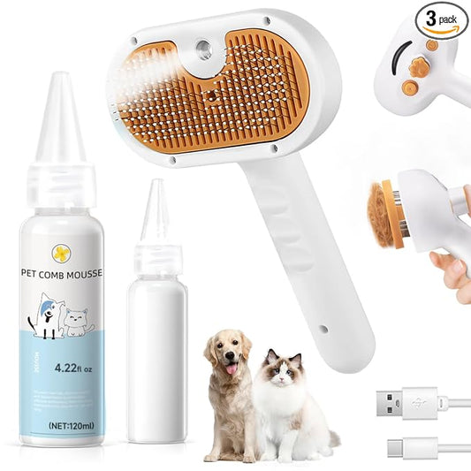 Pet Steam Brush for Dog & Cat – 3-in-1 Spray Hair Removal Comb – Steam for Shedding & Grooming – Water Brush for Long & Short Haired Pets – Spritz Defur Comb – Includes Waterless Shampoo