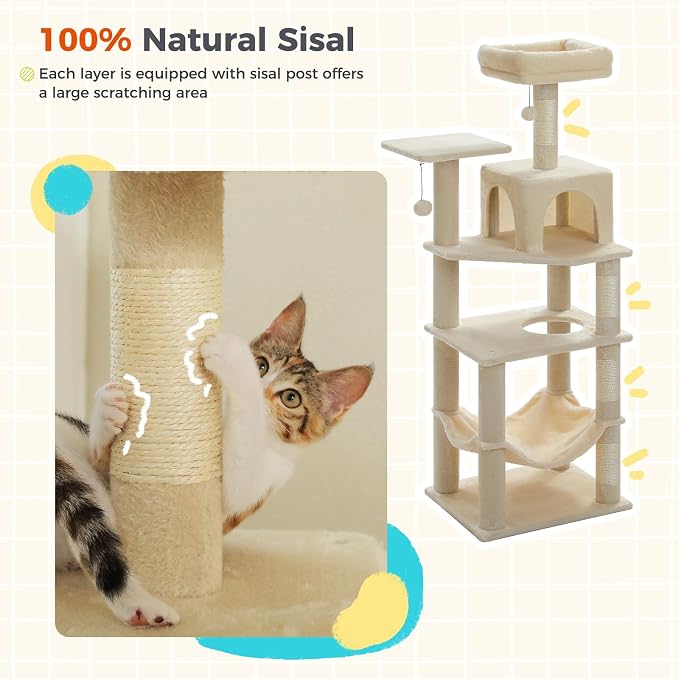 PEQULTI 56.3'' Cat Tree for Indoor Cats, Multi-Level Cat Tower with 2 Top Perch, Cat Condo, Hammock and Sisal-Covered Scratching Post, Beige