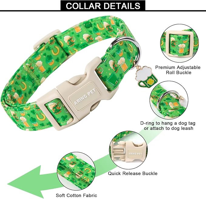 ARING PET St Patrick's Day Dog Collar, Cute Green Lucky Clovers Adjustable Shamrock Pet Collars Trefoil Puppy Collar Gifts with Quick Release Buckle for Girl&Boy Dogs-M