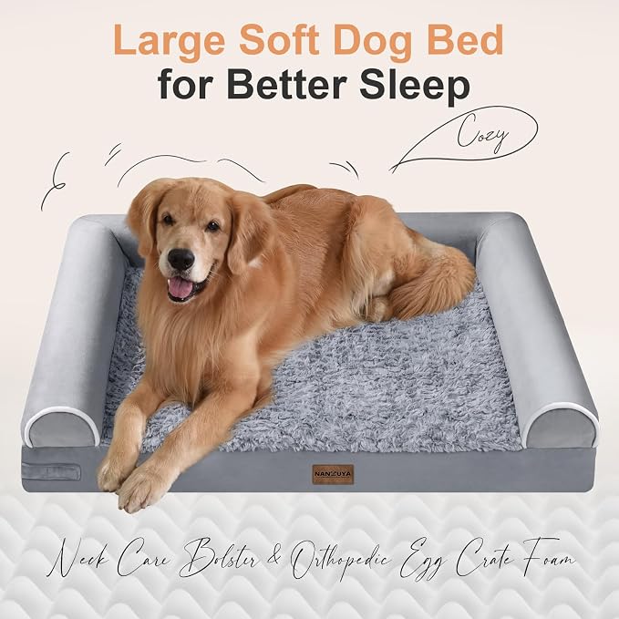 NANUYA Orthopedic Dog Bed for Medium Dogs, 30 x 20 Inch, Light Grey | Egg crate foam for joint support, 3-sided bolster pet sofa, waterproof lining, washable cover, and non-skid base