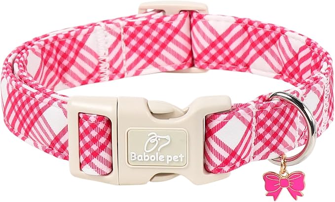 Girl Dog Collar, Bright Pink Glen Check Dog Collars for Small Dogs - Cute Spring Summer Plaid Pup Collar, Soft Adjustable Female Dog Collars with Quick Release Buckle S