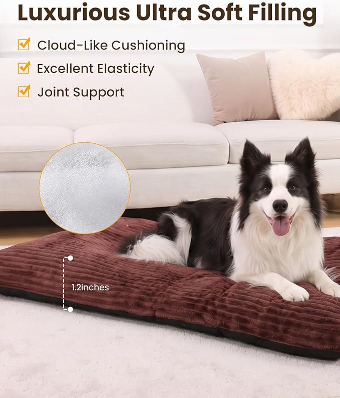 KSIIA Washable Dog Crate Bed Kennel Mat for Large Dogs, 41 x 27 Inch,Brown | 3in thick soft PP filling,Elastic rebound,300gsm shed-proof flannel,Soft skin-friendly,Anti-slip bottom,Machine washable