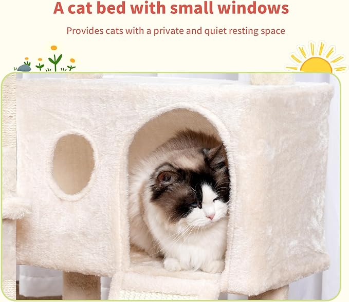 Hey-brother Cat Tree Tower with Removable Toys, Scratching Posts, MPJ008SM | 41.3 Inches Plush Cozy Condo with Platform, Hammock, Sisal Scratch Board and Ball for Indoor Cats, Beige
