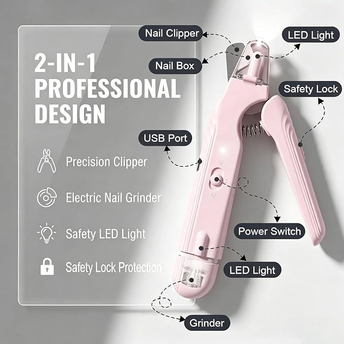 2-in-1 Dog Nail Grinder & Dog Nail Clipper for Sensitive Pets | Whisper-Quiet Claw Trimmer, with 2 LED Light & Safety Lock, Nail Clipping Collector Box, Painless Paws Grooming & Smoothing