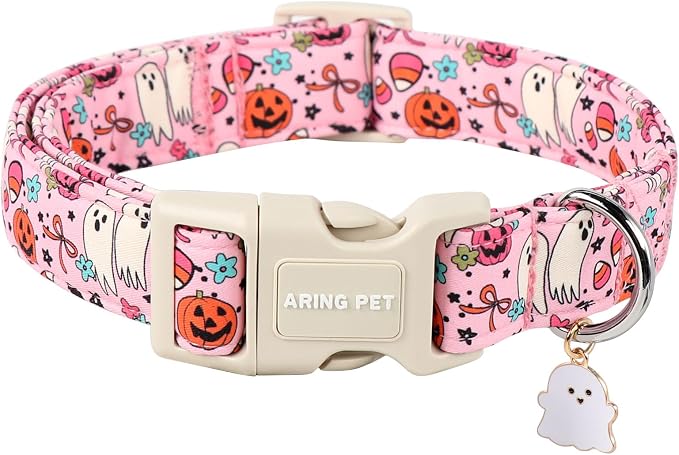 ARING PET Halloween Dog Collars, Cute Pink Pumpkin Ghost Flower Bowtie Pet Collar with Quick Release Buckle for Small Medium Large Girl Boy Dogs-S