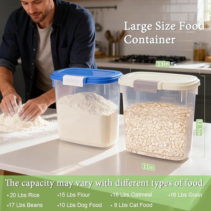 Large Rice Storage Container 15-20 Lbs, Tall Flour Container Dry Food Bin | Slim Food Container with Scoop, Cup for Cereal, Sugar, Beans, Pet Dog Cat Food, Kitchen and Pantry Storage Organization