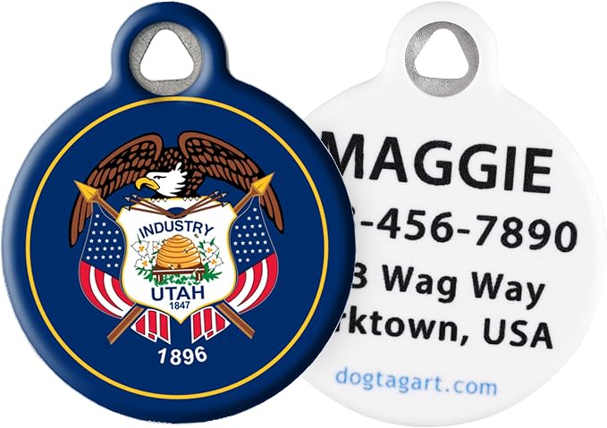 Utah State Flag Personalized Pet ID Tag for Dogs and Cats, Silent Polymer Coated Stainless Steel Nametag with Customized Identification Information - Large 1.25" Diameter