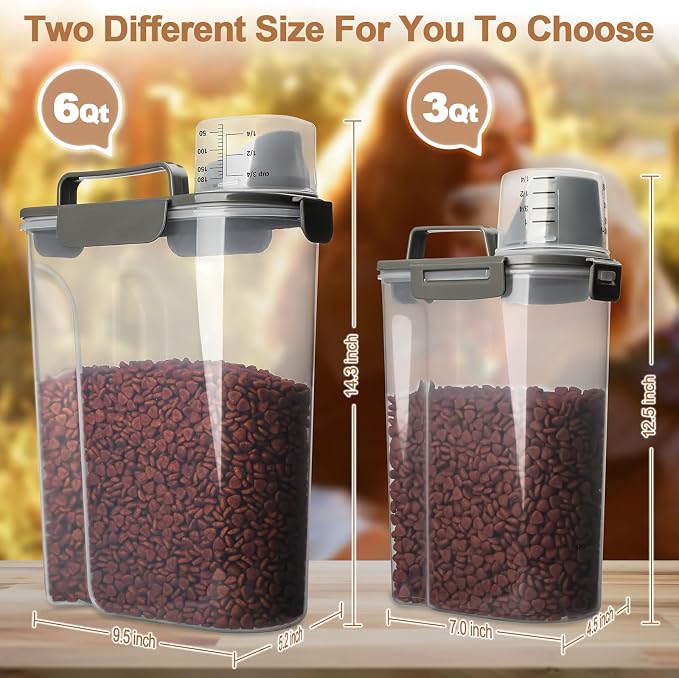 TIOVERY Dog Food Storage Container, 5-7 Lbs Airtight Pet Food Container, Cat Food Container Dispenser with Portable Handle, Pouring Spout and 4 Seal Buckles for Dogs Cats 2 Pack Grey