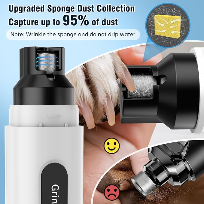 Dog Nail Grinder, Safe Electric Pet Nail Trimmer for Dog Grooming | 7-Speed Adjustable, Quiet Low Vibration, LED Light & Sponge Dust Collector, Painless Trimming, Storage Bag (Black & White)