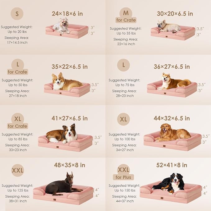 EHEYCIGA Orthopedic Dog Beds for Large Dogs, Waterproof Memory Foam Large Dog Bed with Sides, Non-Slip Bottom and Egg-Crate Foam Pet Couch Bed with Washable Removable Cover, Dusty Pink，35x22
