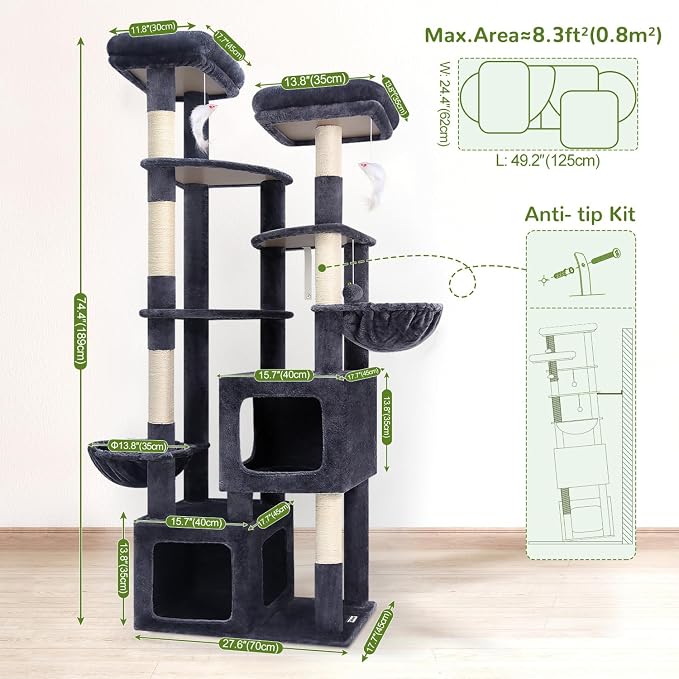 Globlazer S74E Pro Heavy Duty Maine Coon Cat Tree for Large Cats, Dark Grey | 74in Sturdy Multi-Level Tall Cat Tree Tower for Indoor Adult Cats with Scratching Posts, 2 Cat Condos, 2 Top Perches