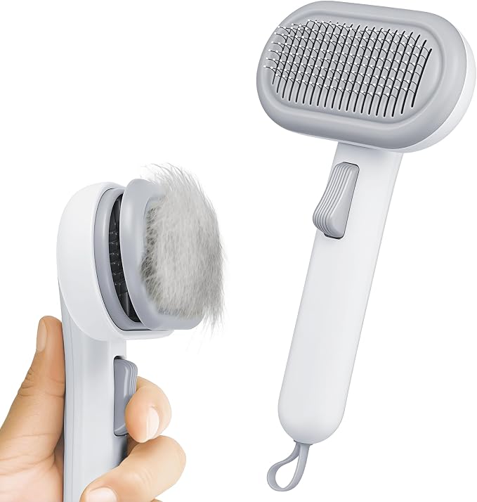 Cat Brush for Shedding for Indoor Cats & Dogs Shedding & Grooming | Self Cleaning Grooming Brush with Release Button, Smooth & Detangling, Grooming Comb for Cats Long & Short Haired Pets, Grey