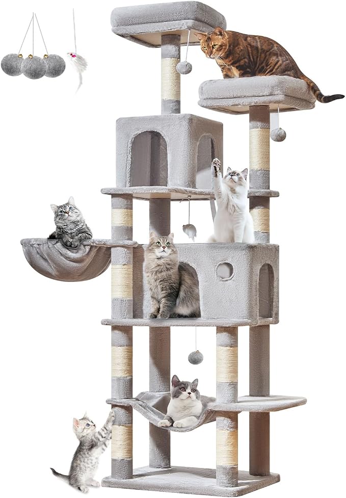Taoqimiao Large Cat Tree, 73 in Tall Cat Tower with 2 Plush Big Cat Condos | 9 Scratching Posts, 2 Top Perches, Cozy Hammock & Basket, Indoor Cats, 2 Pompoms & Mouse Toy, Light Gray, MS013XLW
