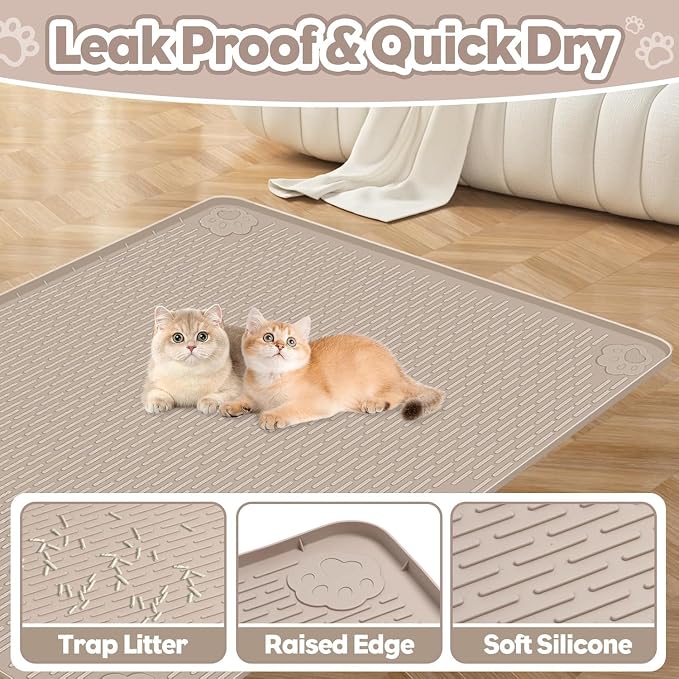 Kalolary Cat Litter Mats,40"x28"Extra Large Silicone Cat Mat for Litter Box | Easy to Clean Kitty Litter Trapping Mat, Soft on Kitty Paws, Waterproof, Urine-Proof Kittys Litter Mats for Floor,Khaki