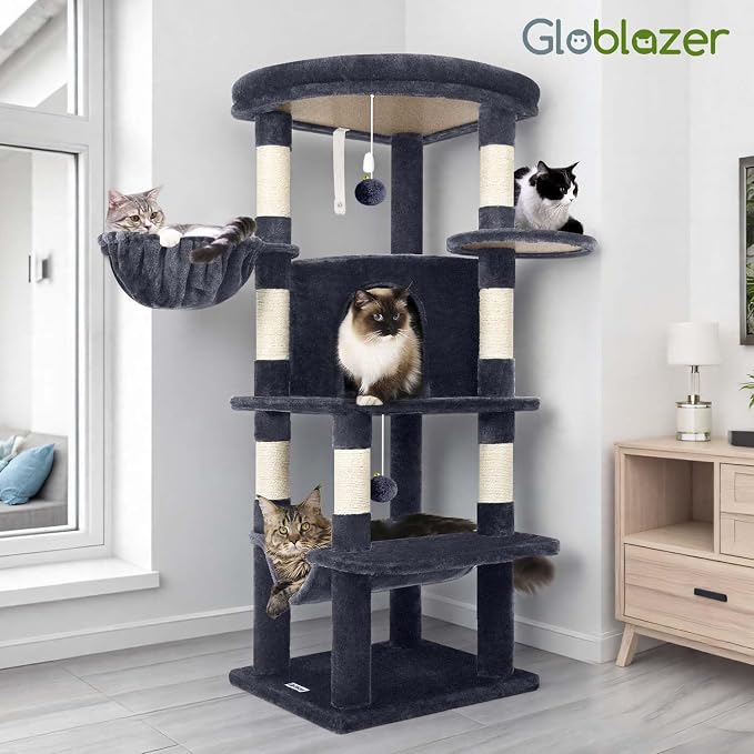 Globlazer Corner Cat Tree Tower with Scratching Post, C51, Dark Grey | 51in Space-Saving Multi-Level Cat Condo for Indoor Cats with Hammock, Large Top Perch for Large Cats, Cozy Cat Cave