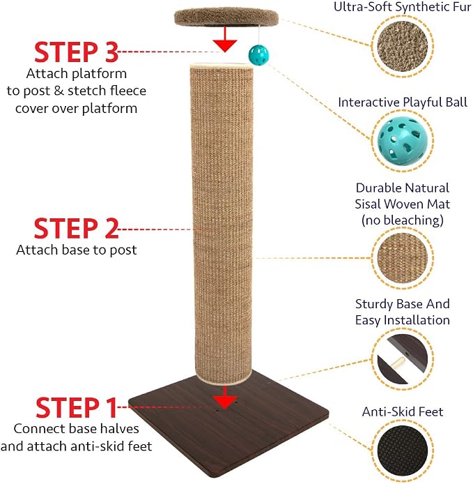 Kitty City Tall Sisal Cat Scratching Post, 32” Durable Scratcher with Sturdy Base & Hanging Jingle Toy, Easy Assembly, Furniture Protection for Indoor Cats - Brown