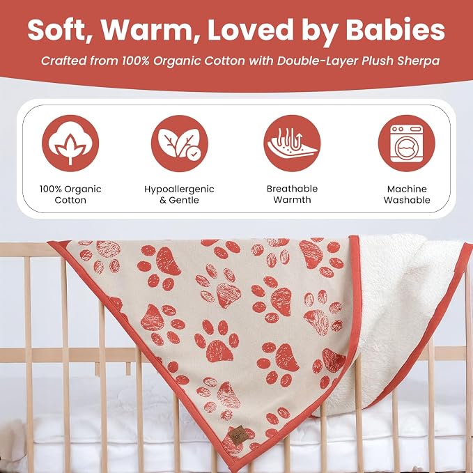 Baby & Pet Blanket 100% Cotton with Sherpa Fleece – Soft Stroller & Cuddle Blanket for Baby, Dog & Cat – Breathable, Hypoallergenic, Washable – 76×96 cm Amber Glow