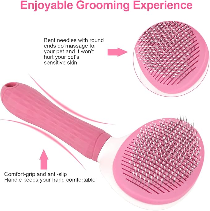 Depets Cat Brush for Shedding, Skin Friendly Self-Clean Dog Slicker Brush | Removes Loose Undercoat, for Dogs Cats Rabbits Long & Short Hair, Pet Grooming Tool with Rounded Tips, Ergonomic Handle, Pink
