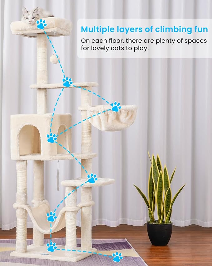 Hey-brother Cat Tree, Multi-Level Sisal Covered Scratching Posts, MPJ050M | 60.6 Inches Tower with Condo, Large Hammock, Top Perch, Toy Ball for Indoor Multi-Cats Households, Beige