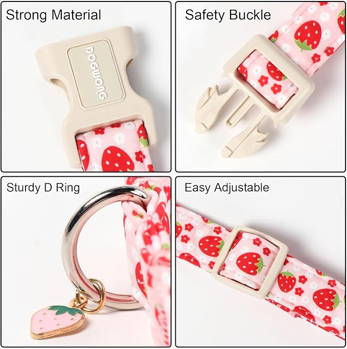 DOGWONG Cotton Handmade Daisy Flower Dog Collar Cute Pink Strawberries Dog Collars with Pendant for Girl Boy Dogs,M