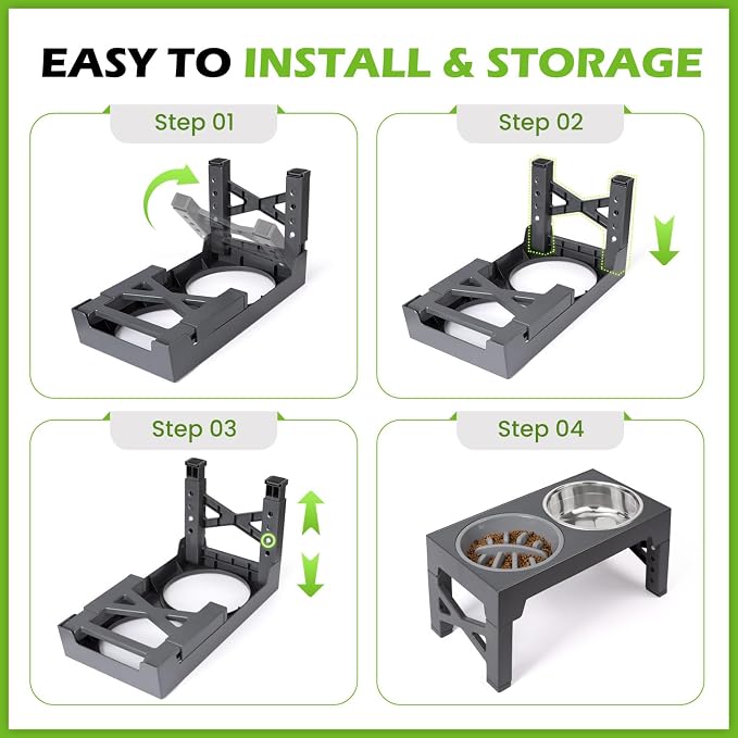Elevated Dog Bowls with 5 Adjustable Heights Stand | 2 Stainless Steel Bowls, 1 Slow Feeder, 3.2" to 12.2" Hegiht Raised Dog Bowl for Small to Large Dogs