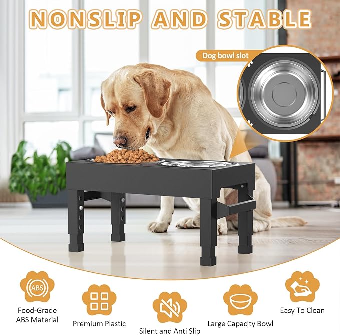 Elevated Dog Bowls Stand Large Breed, Height Adjustable Raised Dog Bowls Holder with 2 Stainless Steel Food Bowls for Small, Medium and Large Canine，Black