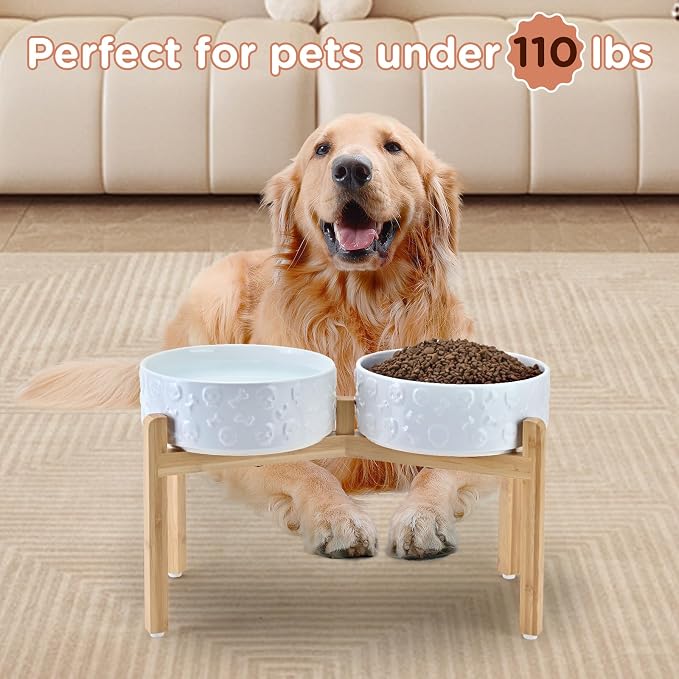 SPUNKYJUNKY Elevated Dog Bowls Ceramic, 8.3'' Dogs Food Water Bowls Raised with Non-Slip Bamboo Stand for Large Sized Breed Microwave Dishwasher Safe - 60 OZ,Skull White