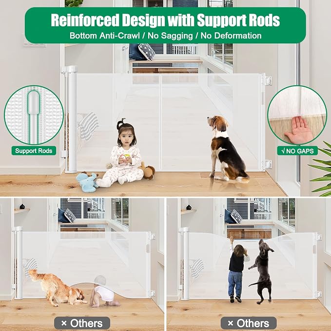 Reinforced 50" Wide Retractable Baby Gates for Doorways, Retractable Dog Gate for Stairs with Support Rods – Prevent Crawling Under, Outdoor Indoor Mesh Baby Gate Retractable Gates for Dogs, White