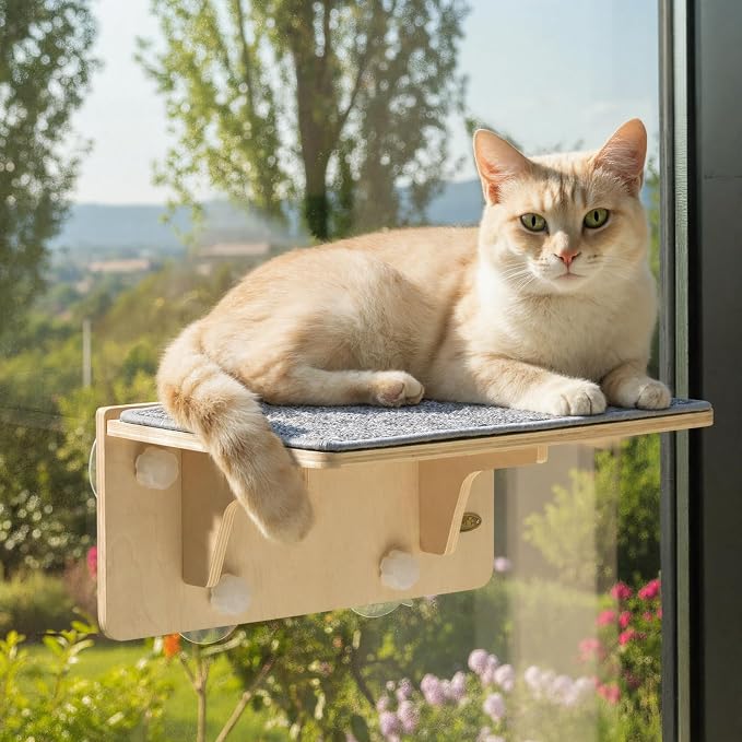Pecute 2-in-1 Cat Window Perch & Wall Shelves, Cat Hammock Window 16"x10" | Solid Wood Frame, Strong Suction Cups, Washable Cover Mat, Window Bed for Kitten, Indoor Cats, Window Seat for Birds Watching