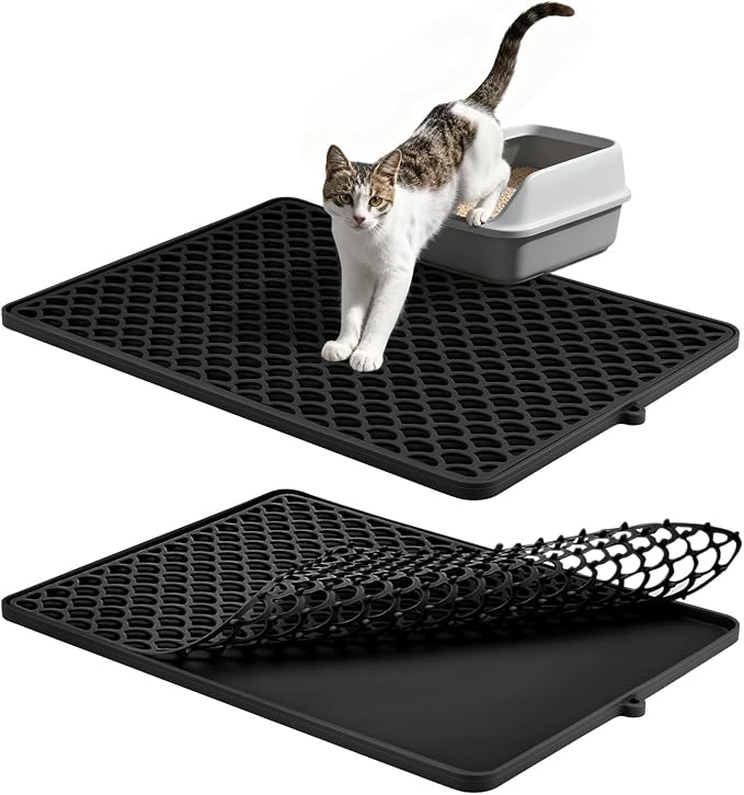 Double-Layer Silicone Cat Litter Mat – Non-Slip, Waterproof & Easy-to-Clean | Also Great as a Dish Drying or Pet Feeding Mat (18x12.5,Black）