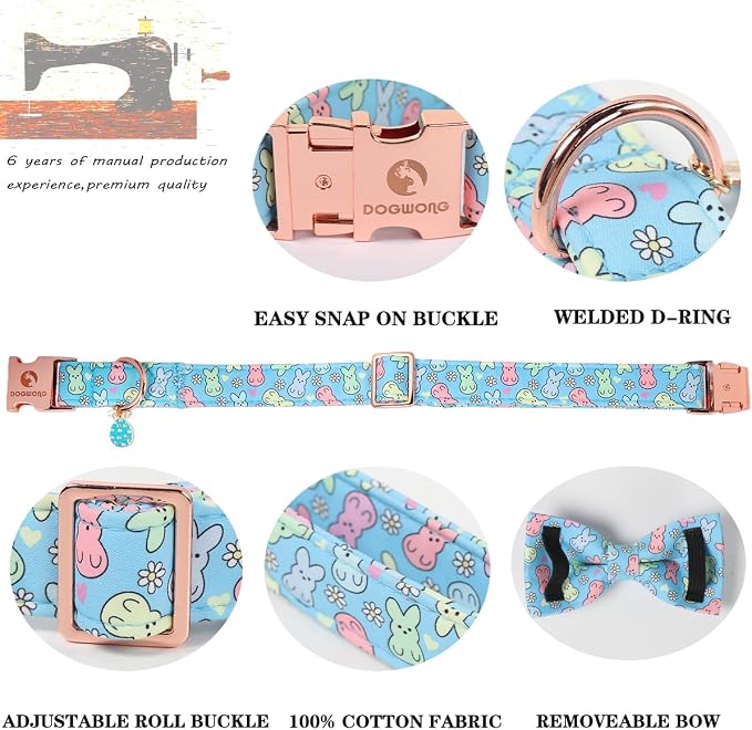 DOGWONG Easter Dog Collar, Blue Bunny Print Dog Collar with Bow, Girl Boy Pet Spring Holiday Dog Collars for Large Dogs,L