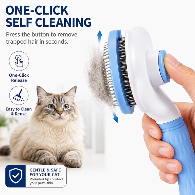 Cat Brush for Shedding & Dog Grooming, Self Cleaning Slicker Brush, Deshedding Tool with Easy Release Button, Rounded Stainless Steel Pins for Long & Short Hair Pets (Blue)