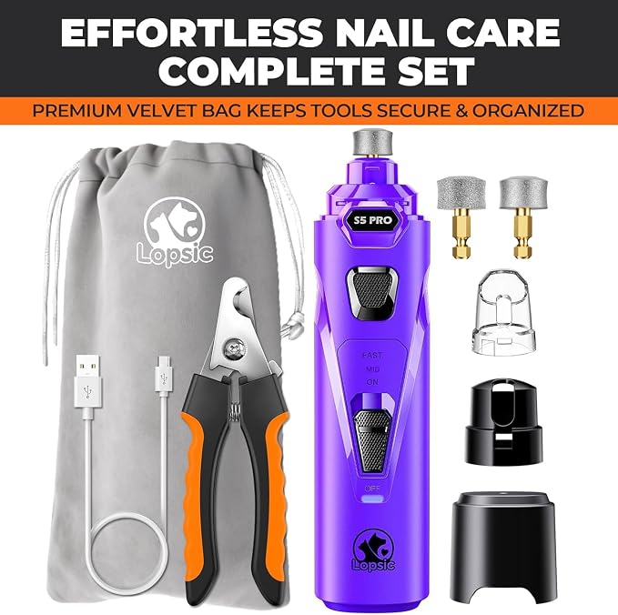 Whisper Quiet Dog Nail Grinder Safe & Stress-Free for Sensitive Dogs Cats | 4 LED Lights,3 Grinding Bits, 3-Speed, Pet Nail Trimmers, Rechargeable Painless Grooming Kit for All Breeds & Sizes