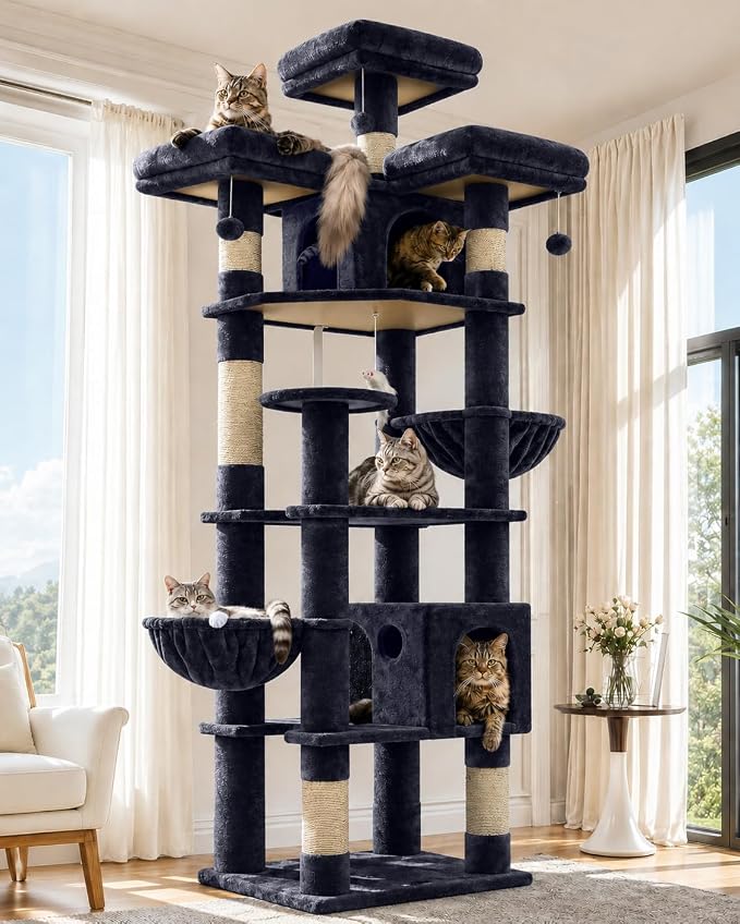 Globlazer Cat Tree Tower for Multiple Adult Cats, 82in, F82, Dark Grey | XXL Tall Cat Tree Tower for Indoor Cats with Scratching Post, 3 Perches, 2 Condos, 2 Hanging Baskets