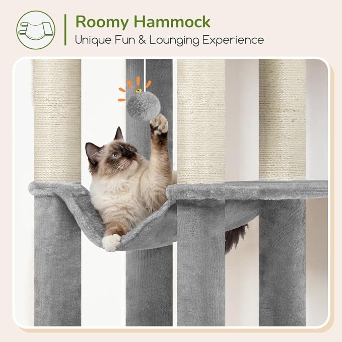 Globlazer F65D Corner Cat Tree Tower with Scratching Posts, Light Grey | 65in Multi-Level Large Cat Scratching Tower with Hammock, 6 Scratching Posts, Basket and 2 Perches for Indoor Multiple Cats