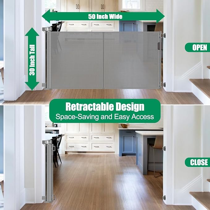 Reinforced 50" Wide Retractable Dog Gate for Stairs, Retractable Baby Gates with Support Rods - Bottom Anti-Escape, Indoor Long Baby Gate Outdoor Gates for Decks, Child Gates for Doorways/Patios, Gray