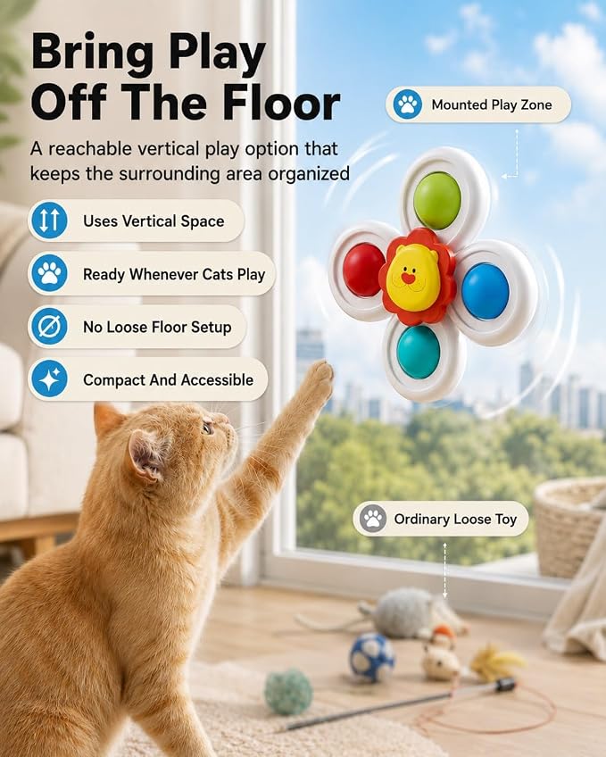 Cat Suction Cup Spinner Toy Colorful Balls Paw Activated Motion Indoor | Pets Window Perch Playmate Glass Mount 3 Designs Compact ABS Build Wipe Clean Surface Strong Grip(3sets)