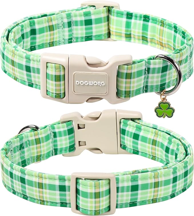 DOGWONG St. Patrick's Day Dog Collar, Cute Green Plaid Dog Collars, Adjustable St. Patrick's Day Pet Collars Design Dog Collar with Quick Release Buckle for Boy Female Dogs